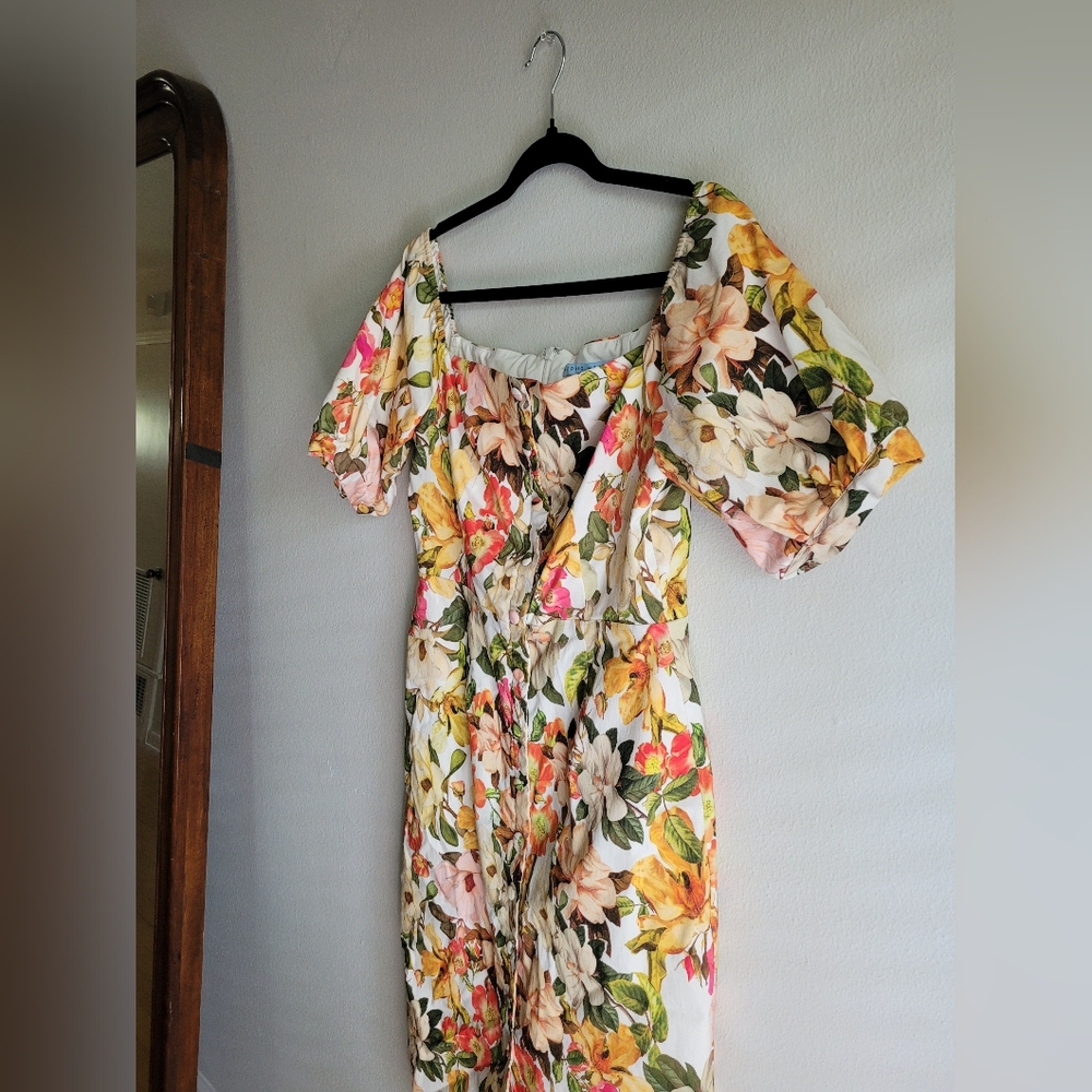 ANTONIO MELANI Floral Midi Dress in White, Yellow, Pink, Green